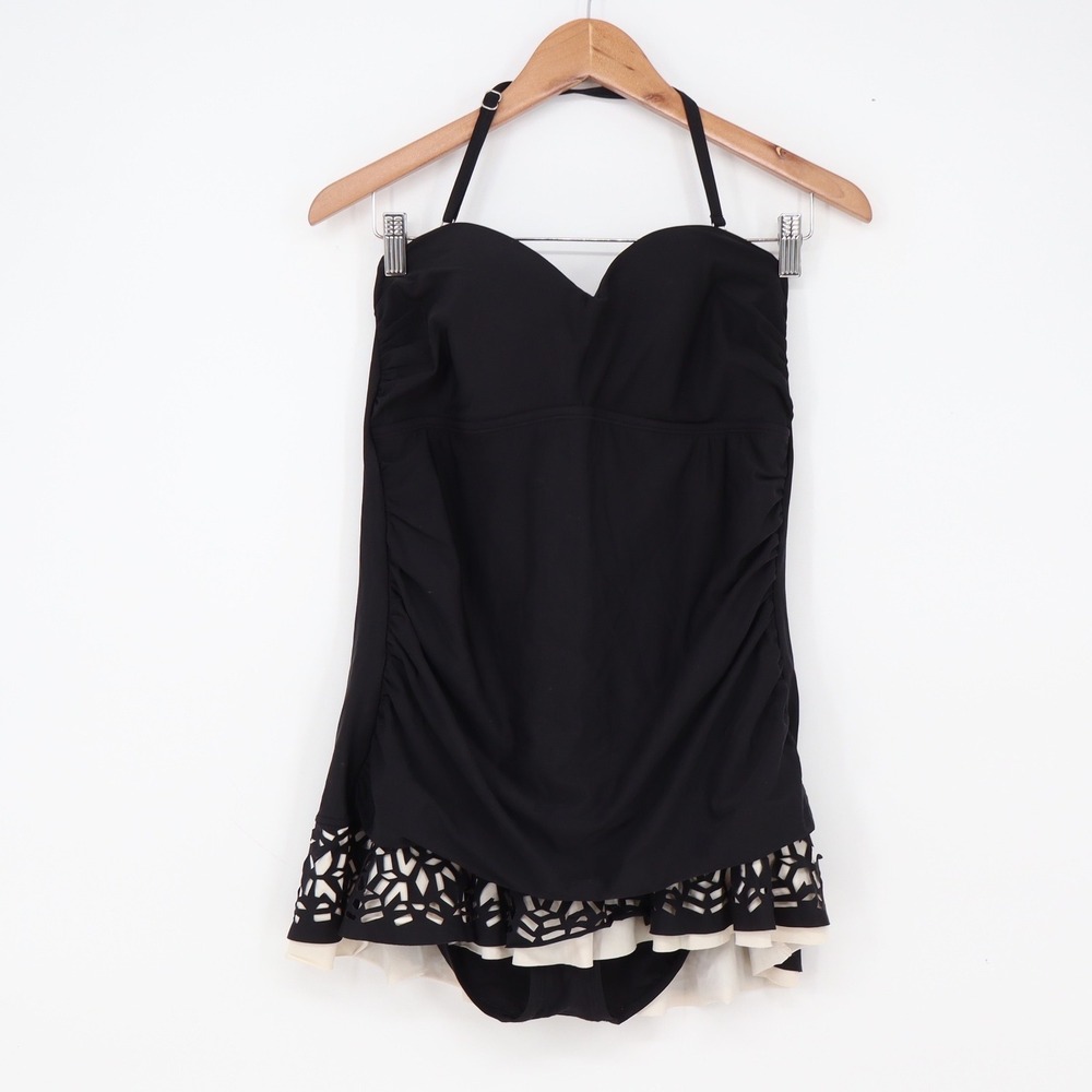 Aqua Green Swimdress Women's Large Black Laser Cut Ruffle Excellent